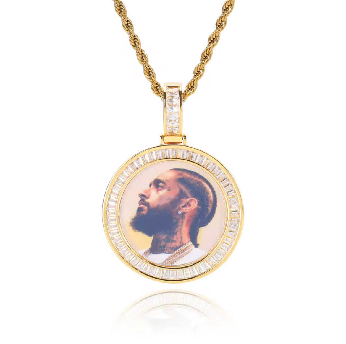 Porta retratos grande chapado en oro y zirconia, incluye cadena de soga 3mm 24’