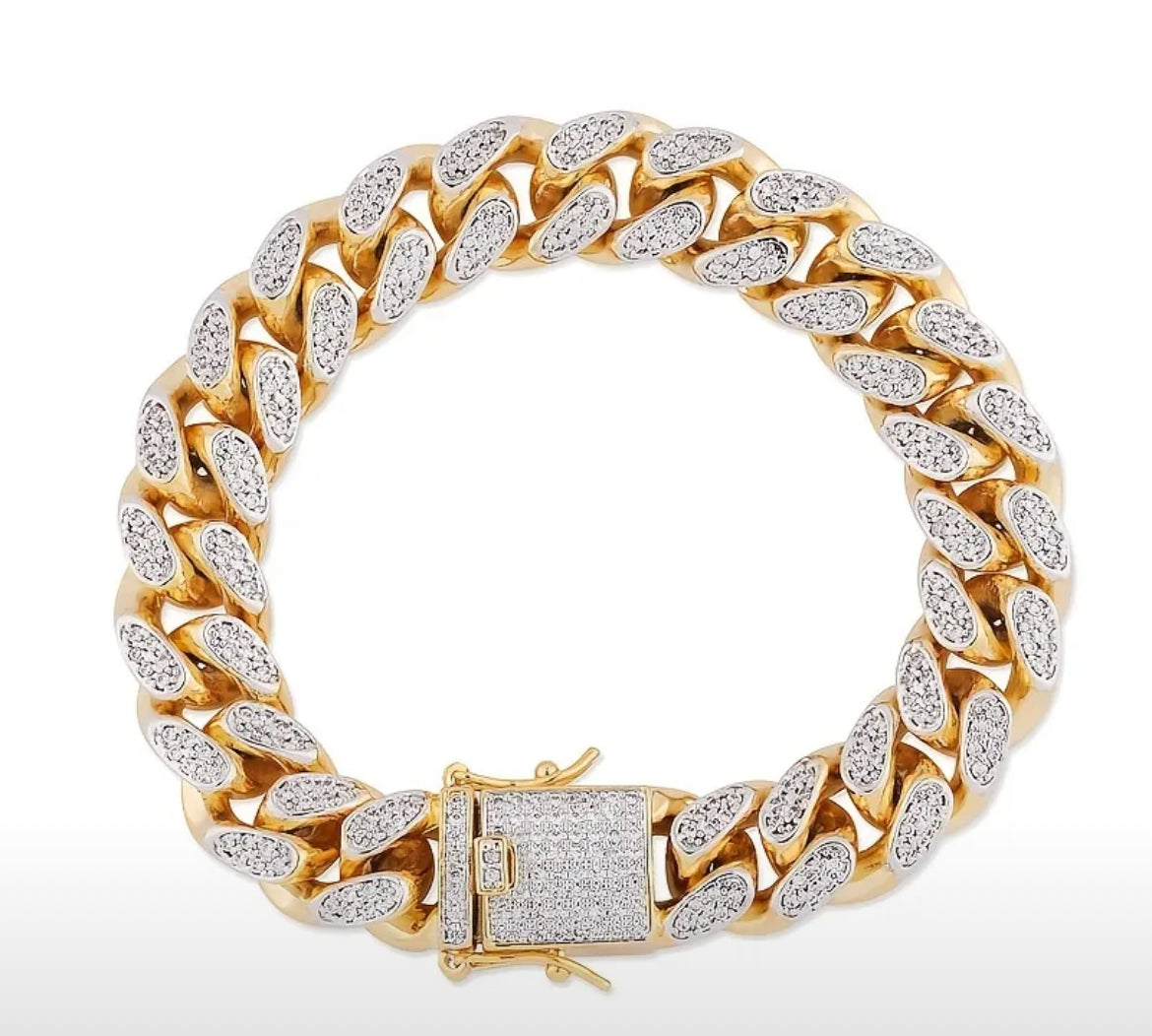 Pulsera cubana 14mm Chapada en oro 14k y zirconia.